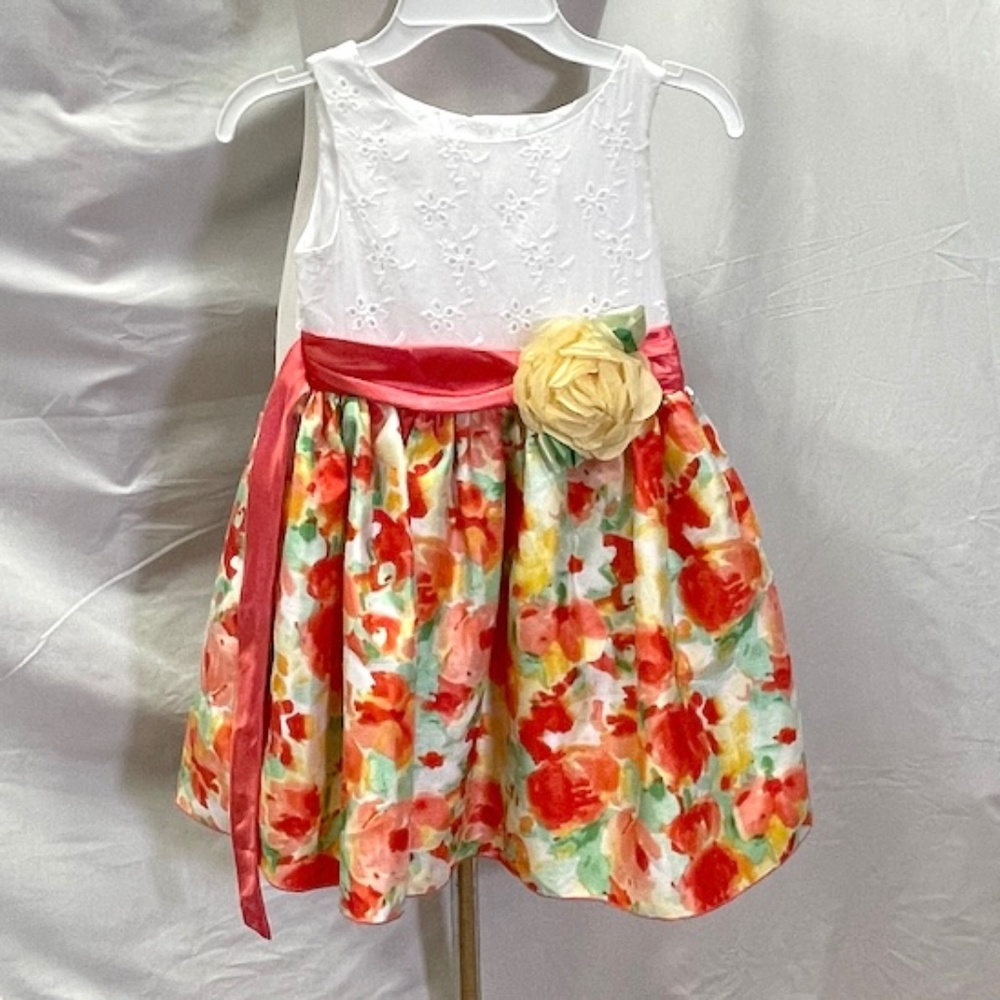 Youngland White Eyelet Pink Red Yellow Floral Girls‎ Dress Size 5